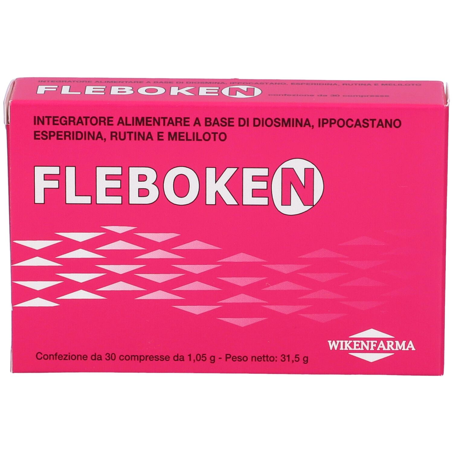 Scatola rosa "Fleboken N". Contiene diosmina, ippocastano, esperidina, rutina e meliloto. 30 compresse.