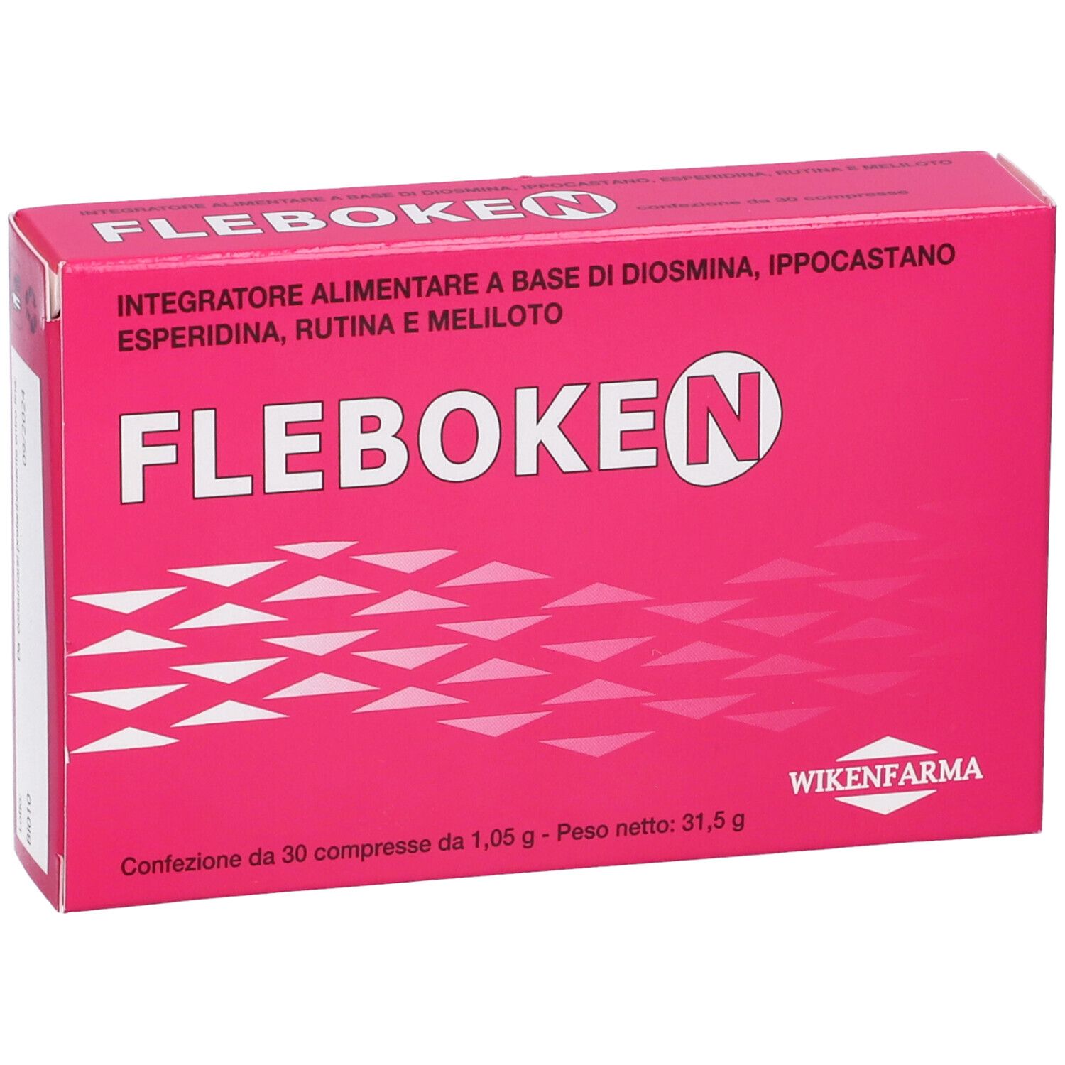 Scatola rosa "Fleboken N". Contiene diosmina, ippocastano, esperidina, rutina e meliloto. 30 compresse.