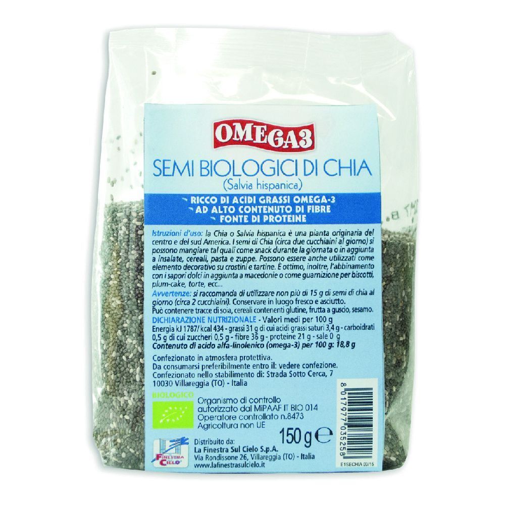Confezione di semi. Scritta: Omega 3, Semi Biologici di Chia. Contiene informazioni nutrizionali e ingredienti.