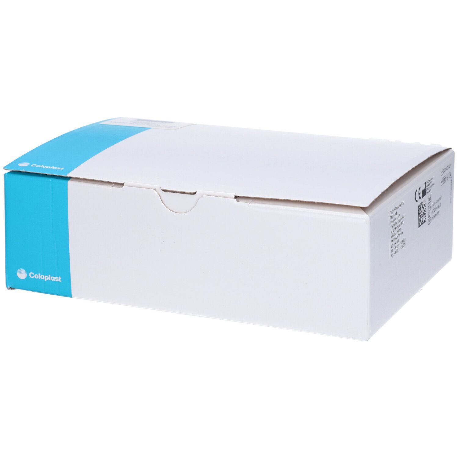 Scatola bianca con striscia blu. Logo Coloplast in basso a sinistra.