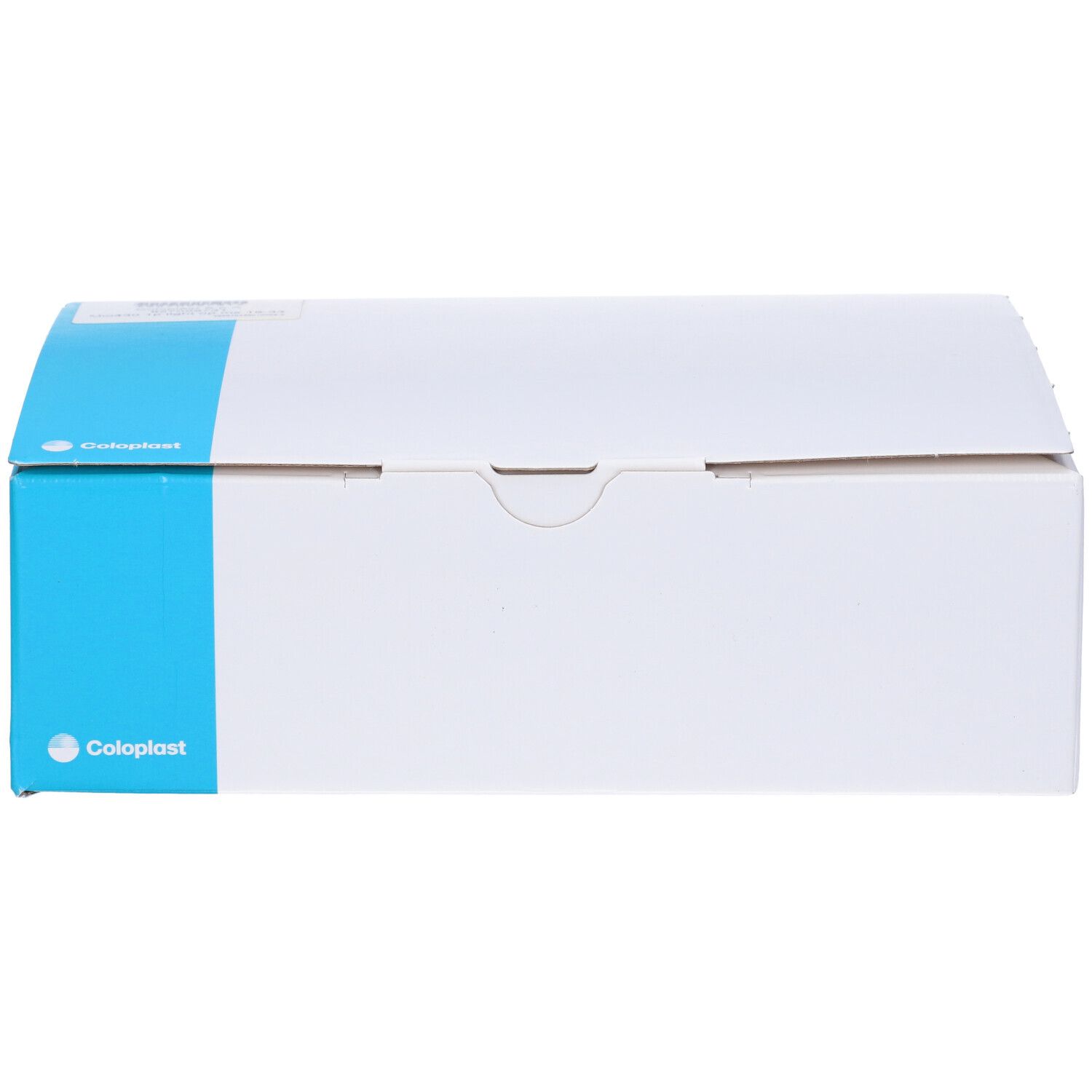 Scatola bianca con striscia blu. Logo Coloplast in basso a sinistra.