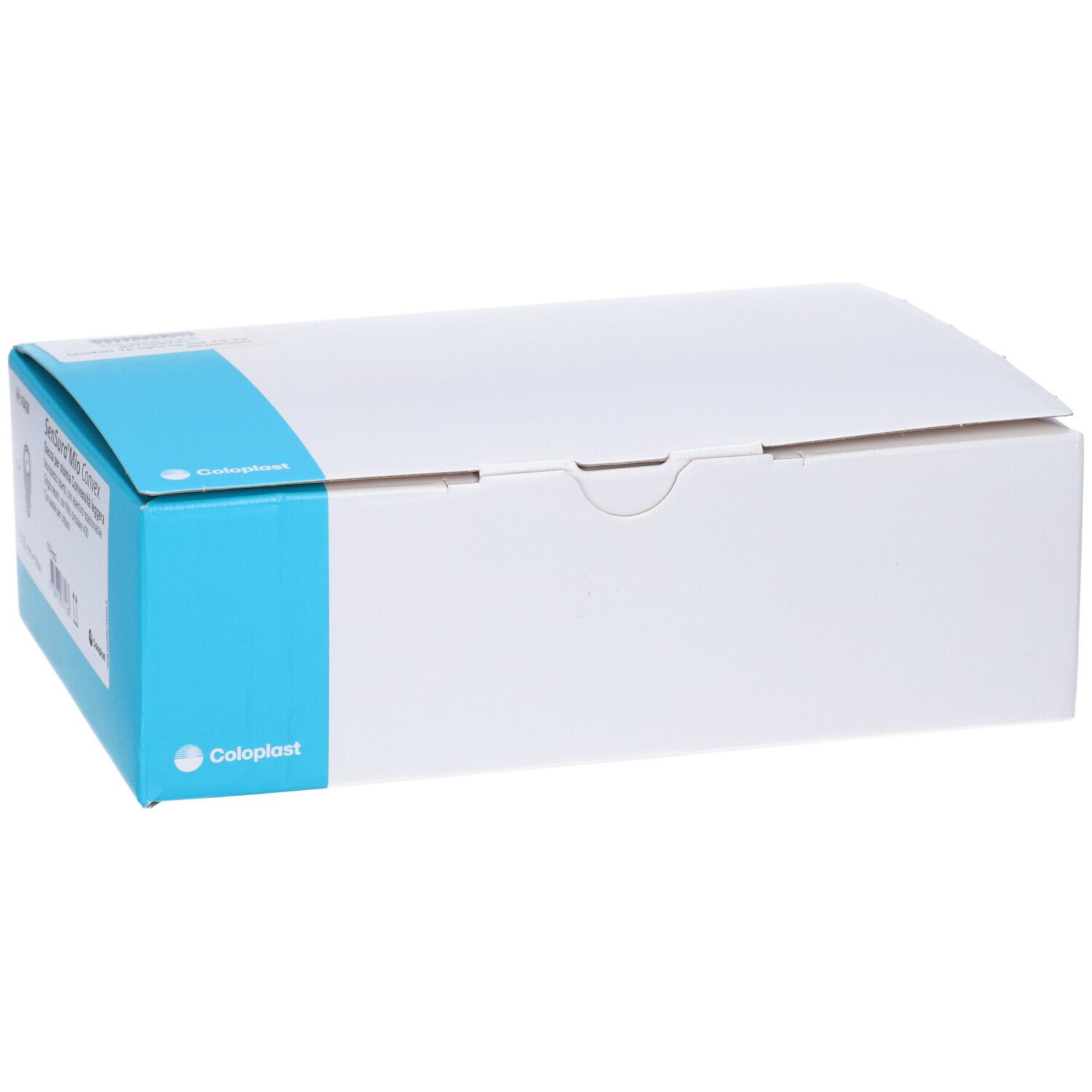 Scatola con informazioni prodotto. Confezione blu e bianca. Logo Coloplast.