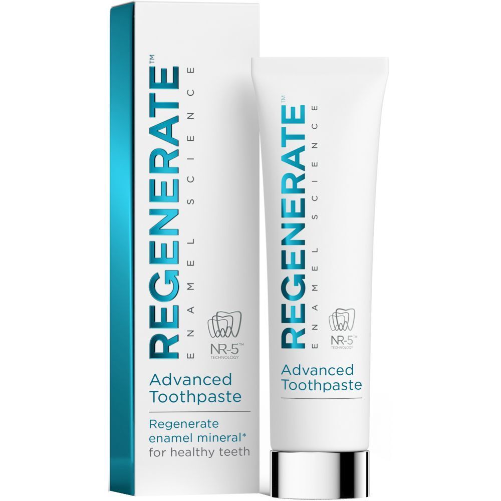 Tubo di dentifricio e confezione. Scritta: REGENERATE, Advanced Toothpaste. Contiene NR-5. Per denti sani.