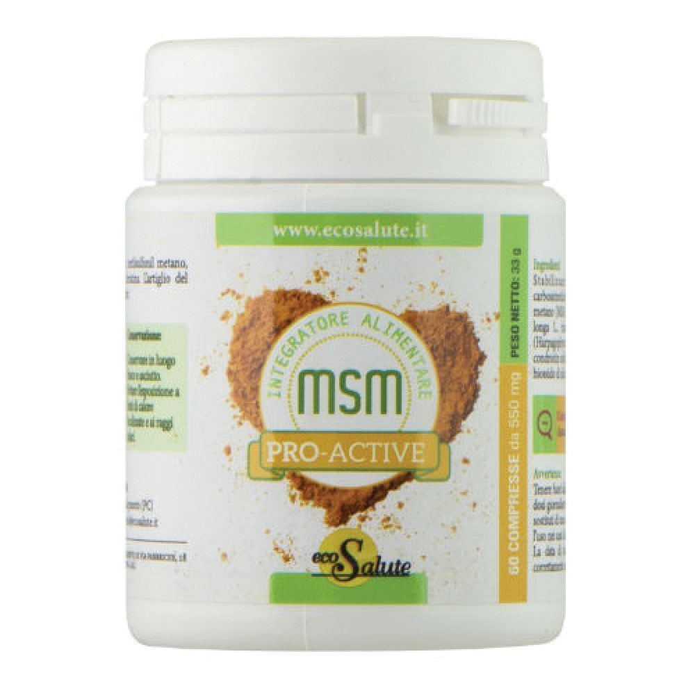 Flacone bianco con etichetta verde. Scritta: MSM PRO-ACTIVE. Contiene 60 compresse. Marchio: ecoSalute.