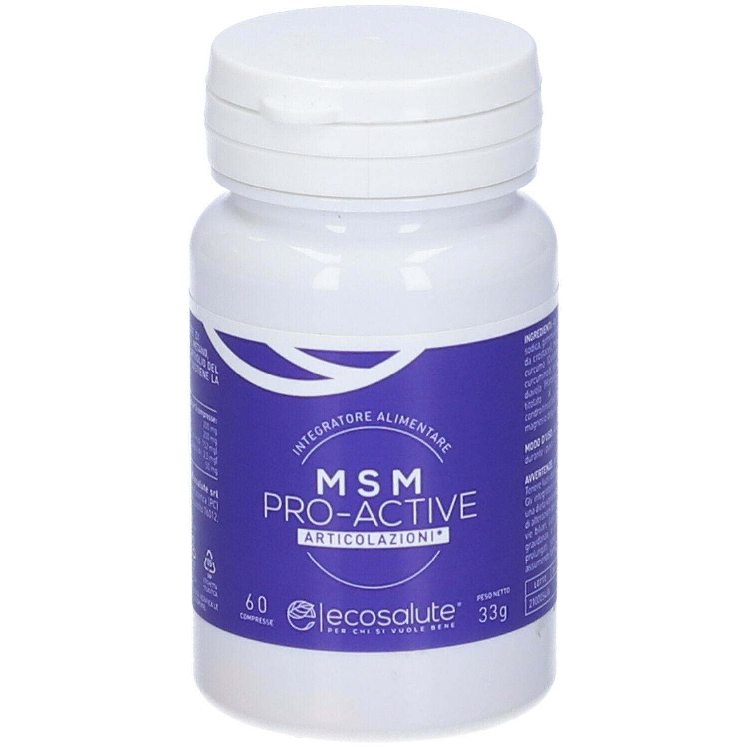 Flacone bianco con etichetta blu. Scritta: MSM PRO-ACTIVE ARTICOLAZIONI. Contiene 60 compresse. Marchio: ecoSalute.
