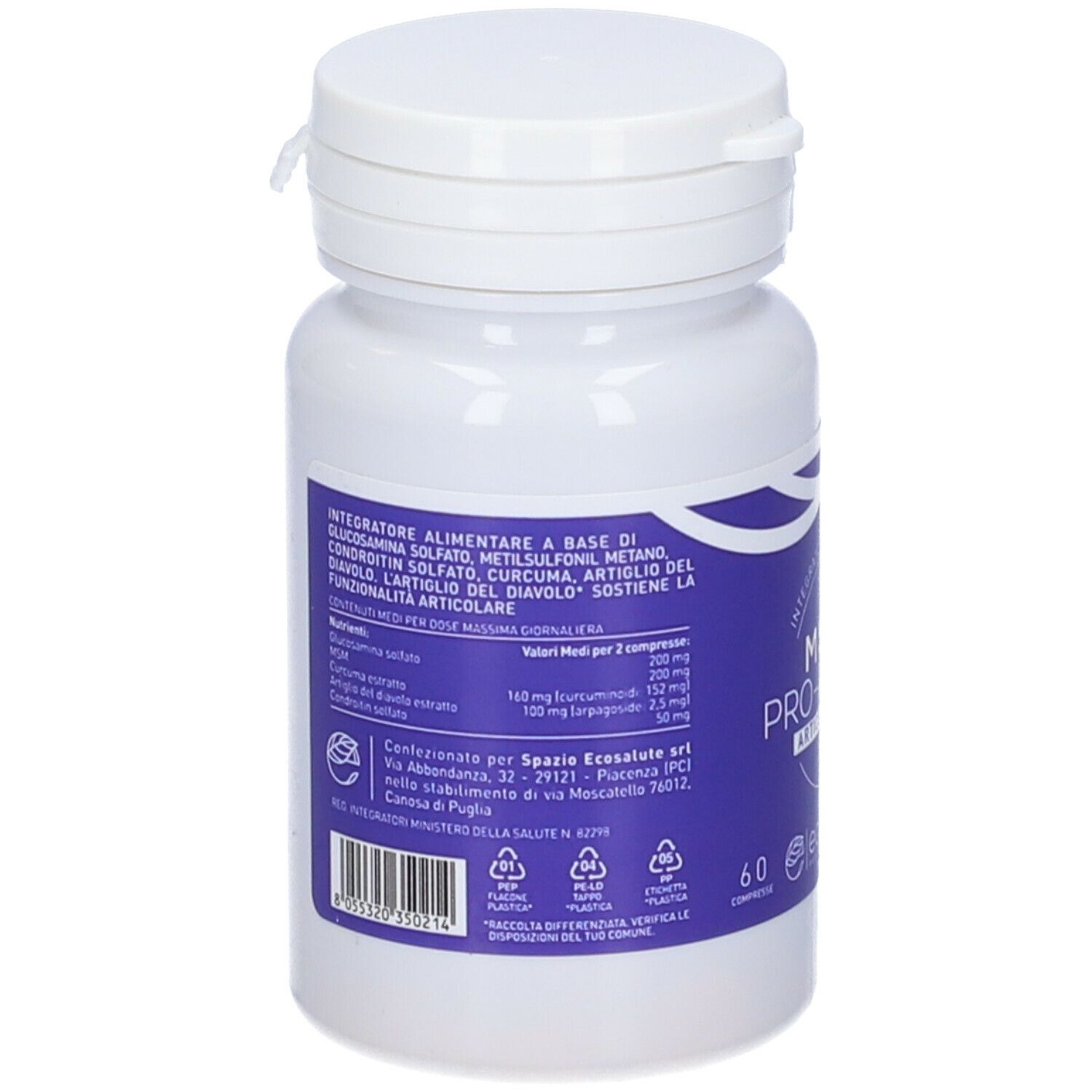 Flacone bianco, retro con etichetta blu. Testo: ingredienti, valori nutrizionali. Contiene 60 compresse. Marchio: ecoSalute.