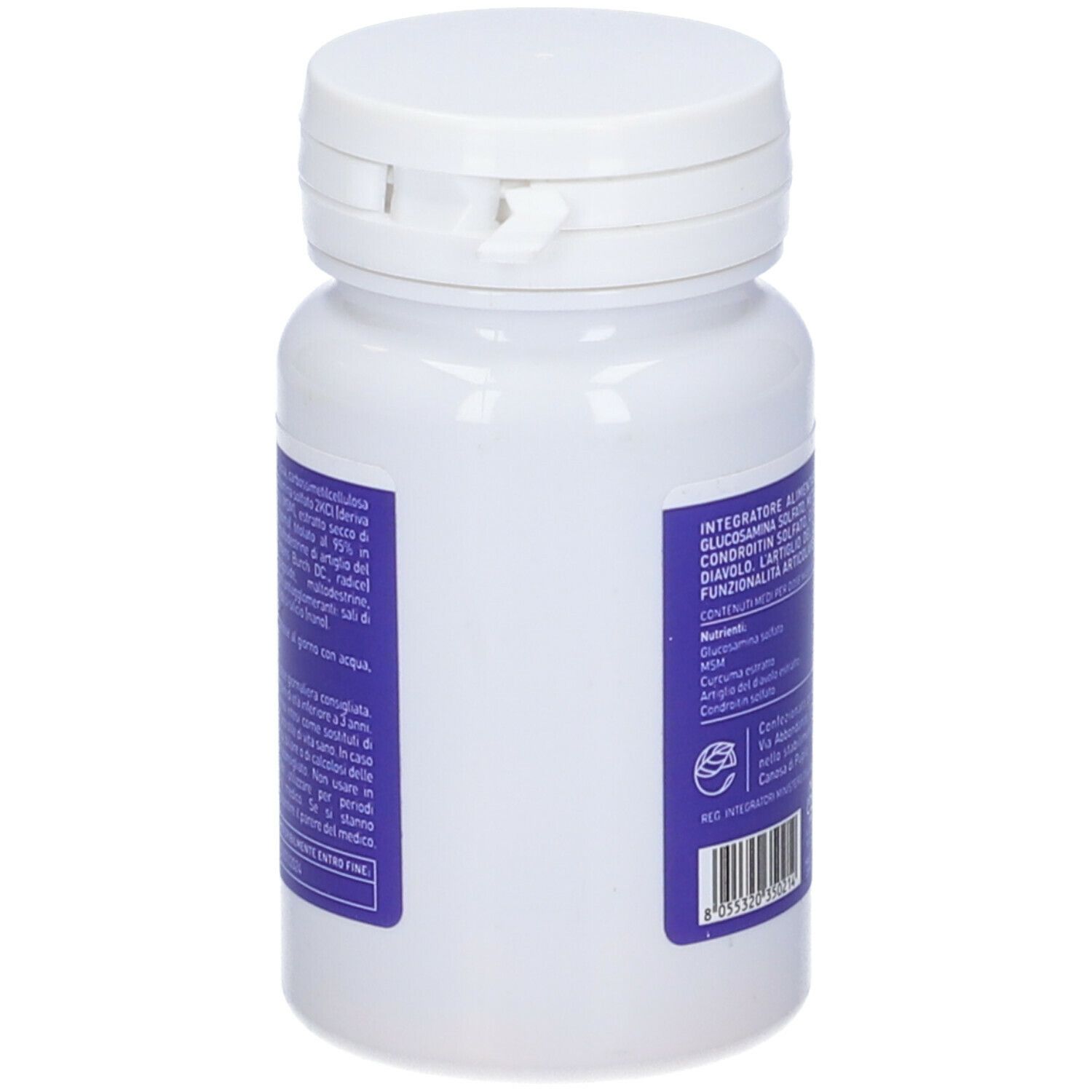 Flacone bianco, vista laterale con etichetta blu. Testo: ingredienti, valori nutrizionali. Contiene 60 compresse. Marchio: ecoSalute.