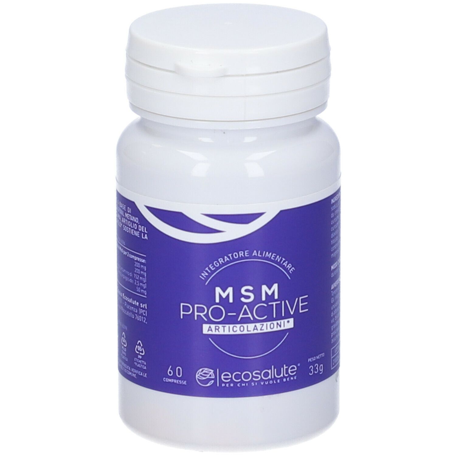Flacone bianco con etichetta blu. Scritta: MSM PRO-ACTIVE ARTICOLAZIONI. Contiene 60 compresse. Marchio: ecoSalute.