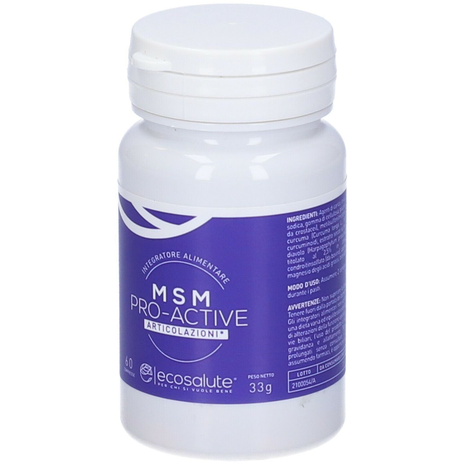 Flacone bianco con etichetta blu. Scritta: MSM PRO-ACTIVE ARTICOLAZIONI. Contiene 60 compresse. Marchio: ecoSalute.