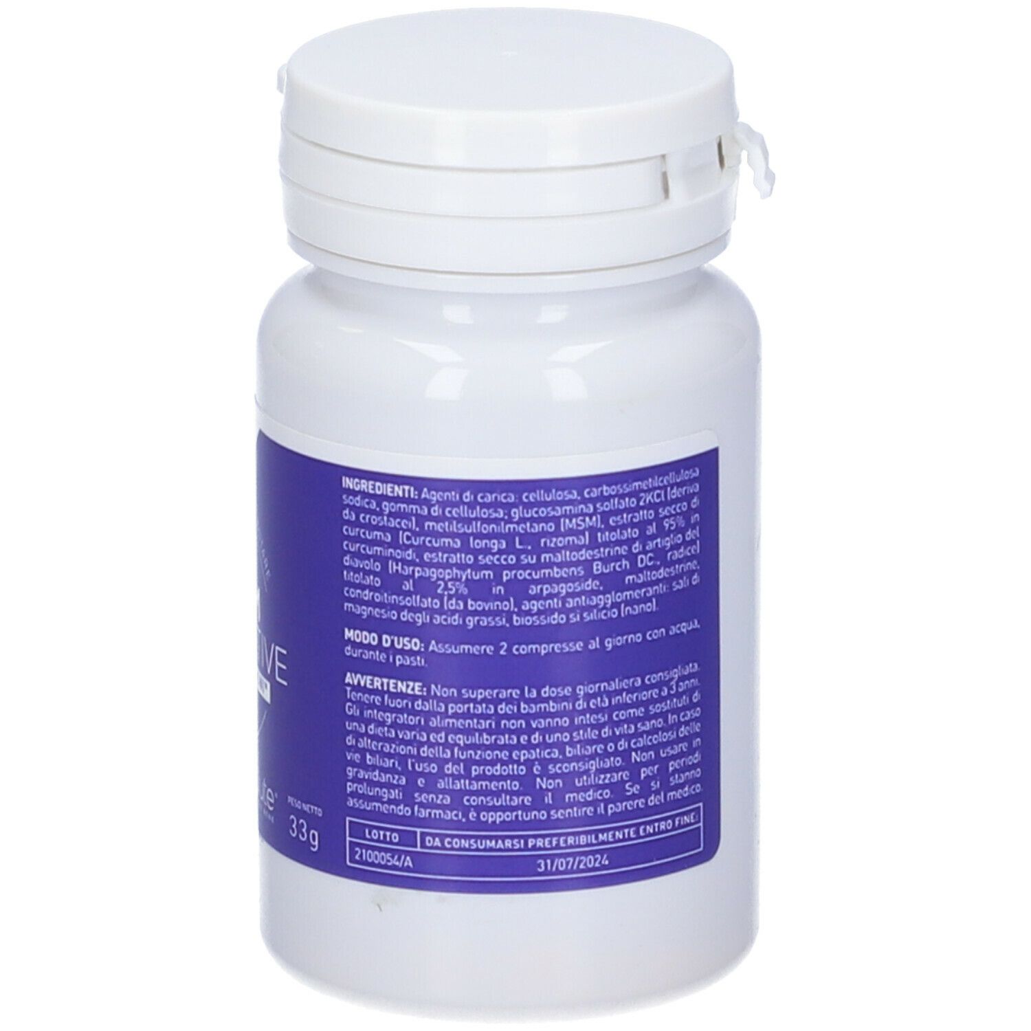 Flacone bianco, retro con etichetta blu. Testo: ingredienti, modo d'uso. Contiene 60 compresse. Marchio: ecoSalute.
