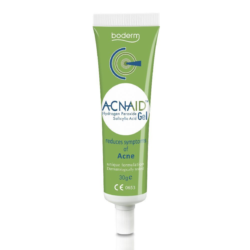 Tubo verde con tappo bianco. Scritta: ACNAID Gel, riduce i sintomi dell'acne. Contiene 30g.