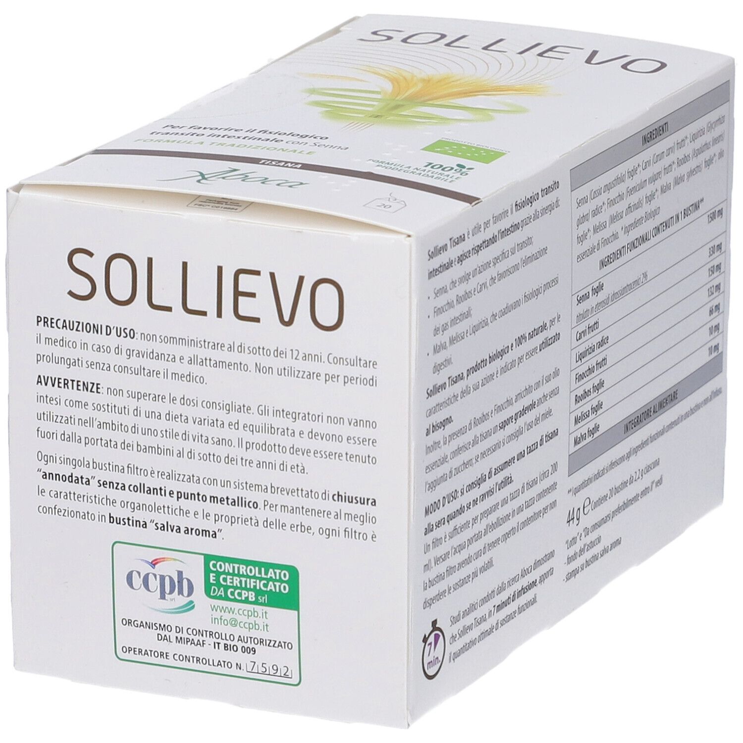 Seite der Sollievo-Verpackung mit Vorsichtshinweisen und Zertifizierungen. CCPB-Siegel.