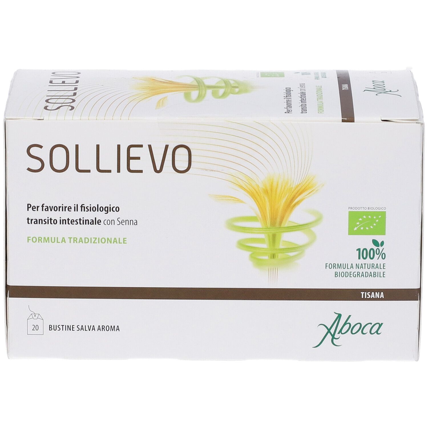 Weiße Kartonverpackung mit Sollievo-Logo und Text. Enthält 20 Teebeutel. Aboca-Logo und Bio-Siegel.