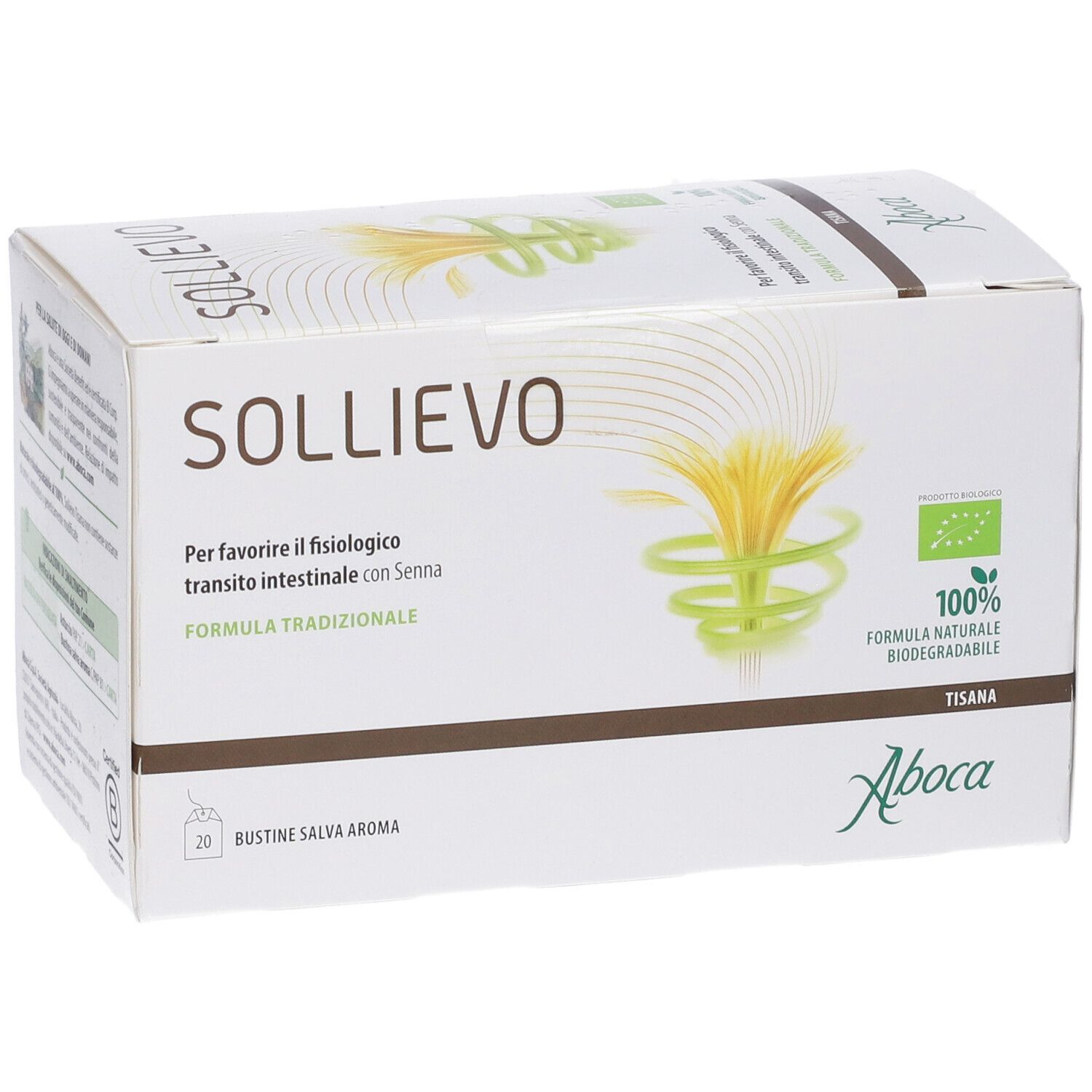 Weiße Kartonverpackung mit Sollievo-Logo und Text. Enthält 20 Teebeutel. Aboca-Logo und Bio-Siegel.