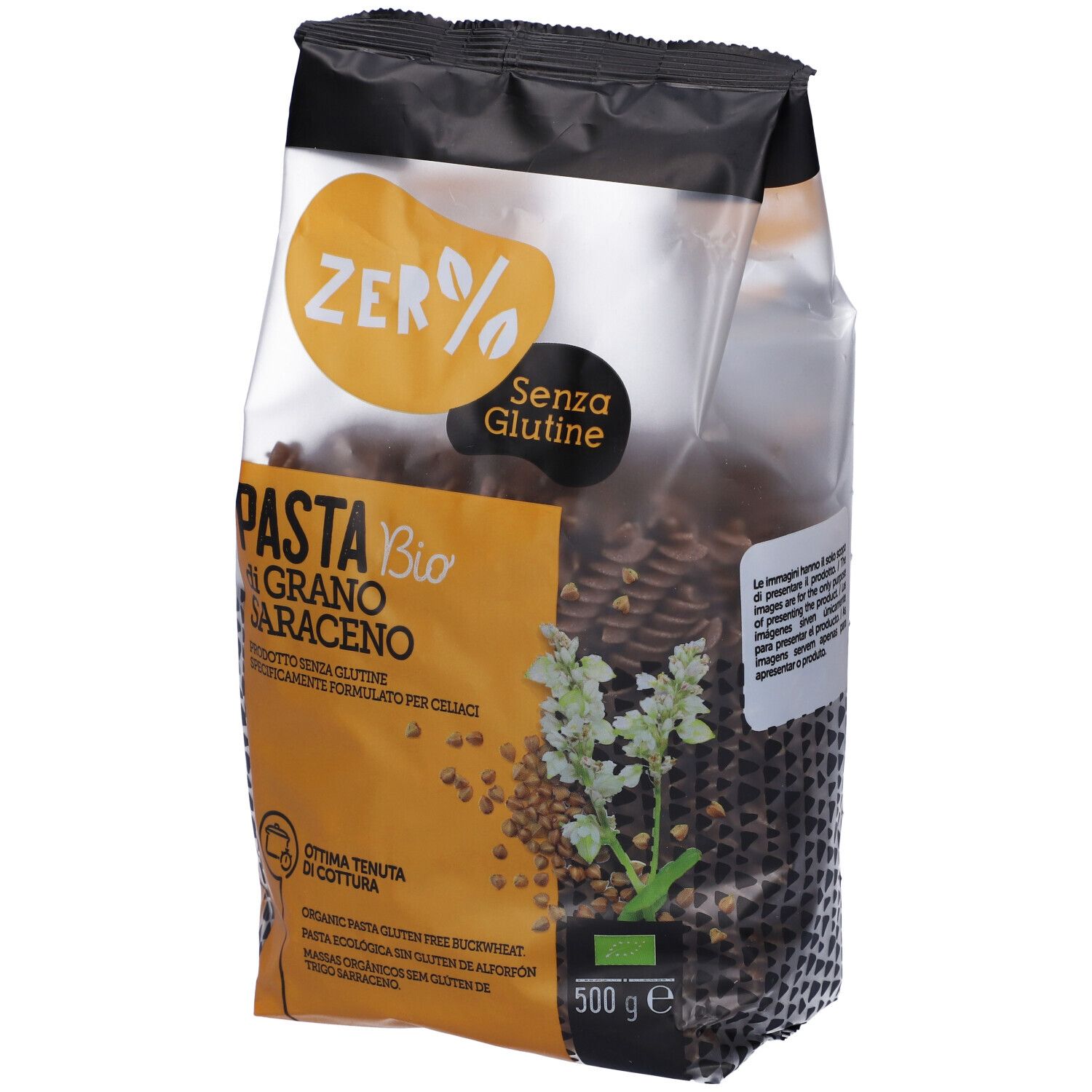 Confezione di pasta fusilli senza glutine di grano saraceno. Scritte: Zer%, Senza Glutine, Pasta Bio di Grano Saraceno.