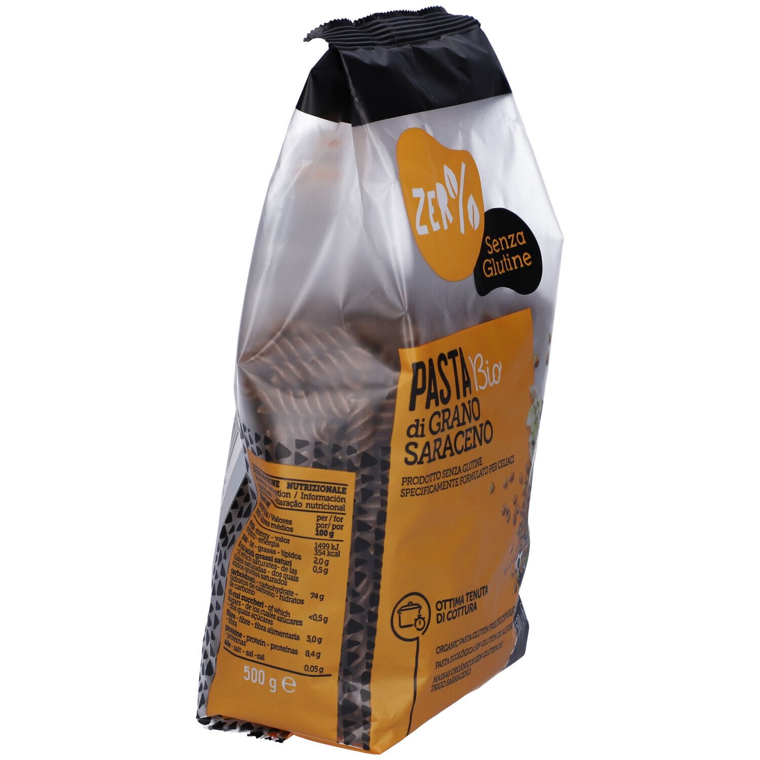 Confezione di pasta fusilli senza glutine di grano saraceno. Scritte: Zer%, Senza Glutine, Pasta Bio di Grano Saraceno, 500g.