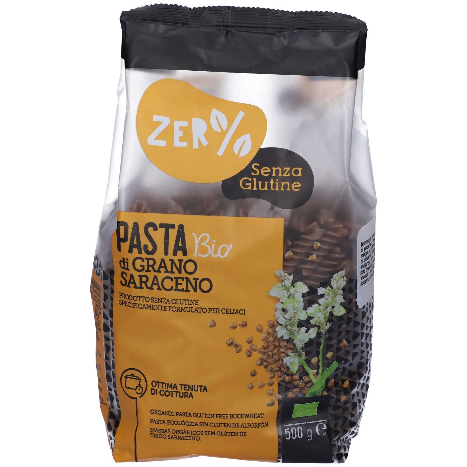 Confezione di pasta fusilli senza glutine di grano saraceno. Scritte: Zer%, Senza Glutine, Pasta Bio di Grano Saraceno, 500g.