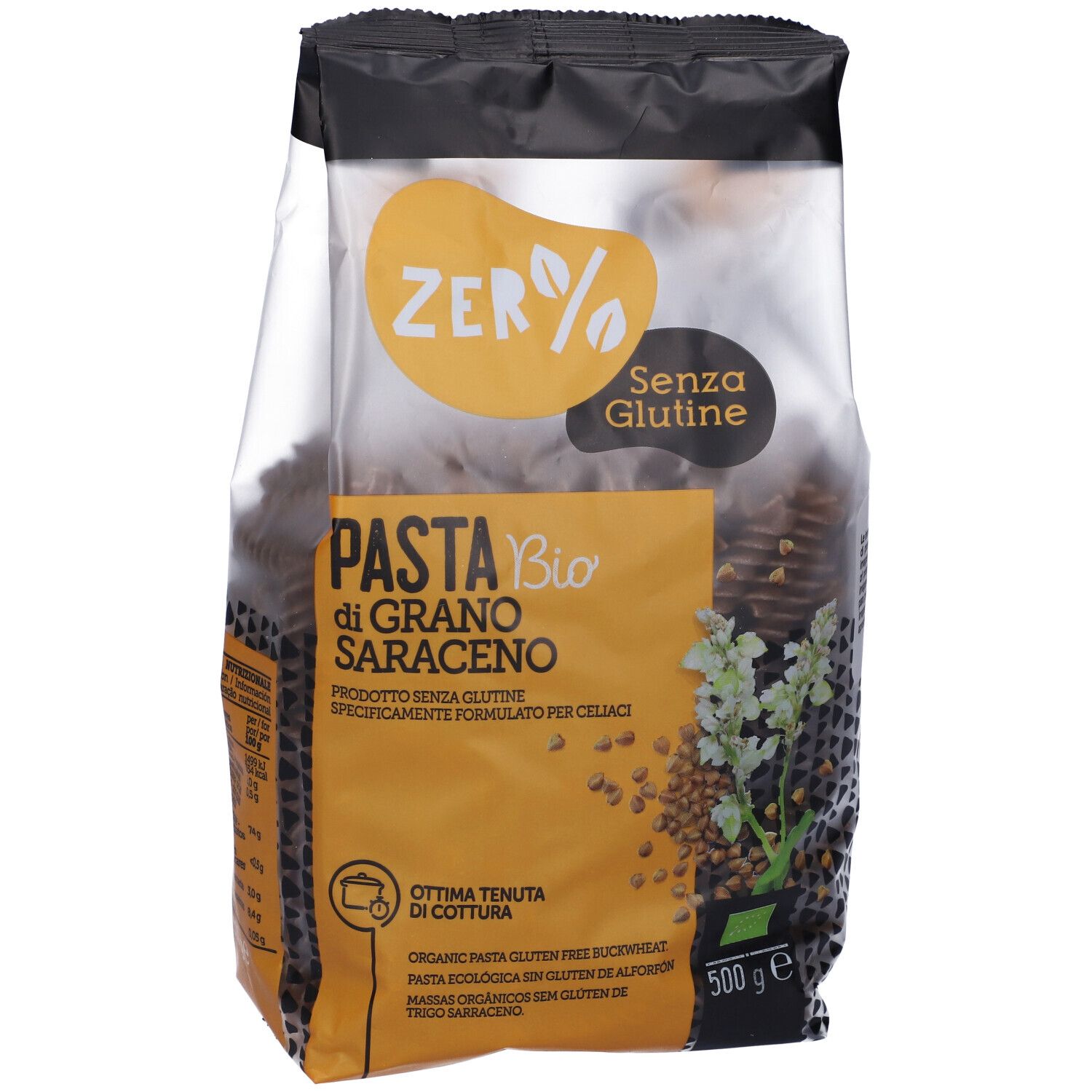 Confezione di pasta fusilli senza glutine di grano saraceno. Scritte: Zer%, Senza Glutine, Pasta Bio di Grano Saraceno, 500g.