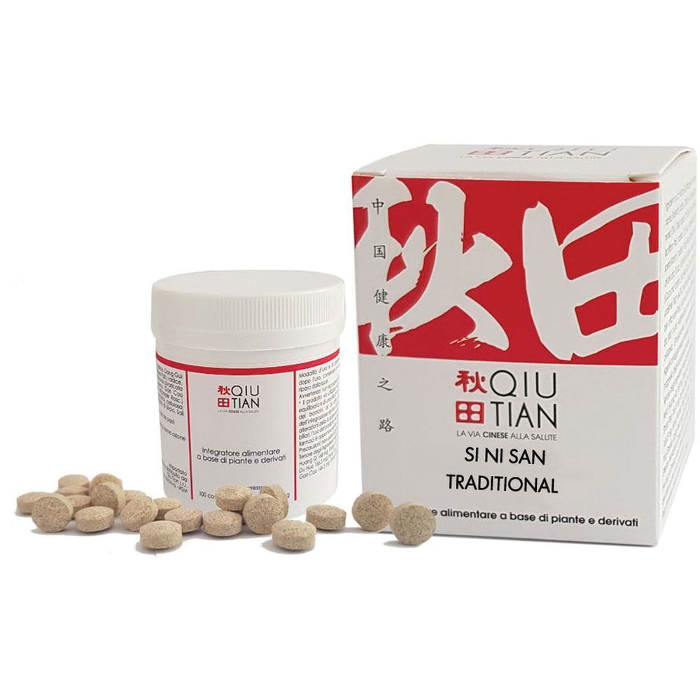 Compresse e confezione. Scritta: QIU TIAN, SI NI SAN Traditional. Compresse bianche accanto.