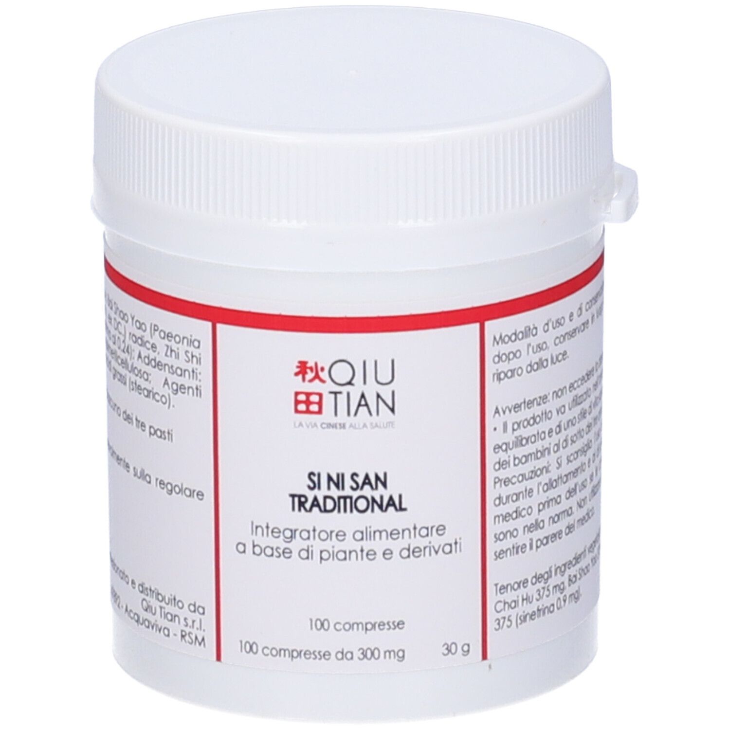 Flacone di compresse bianco con etichetta rossa. Scritta: QIU TIAN, SI NI SAN Traditional. 100 compresse.