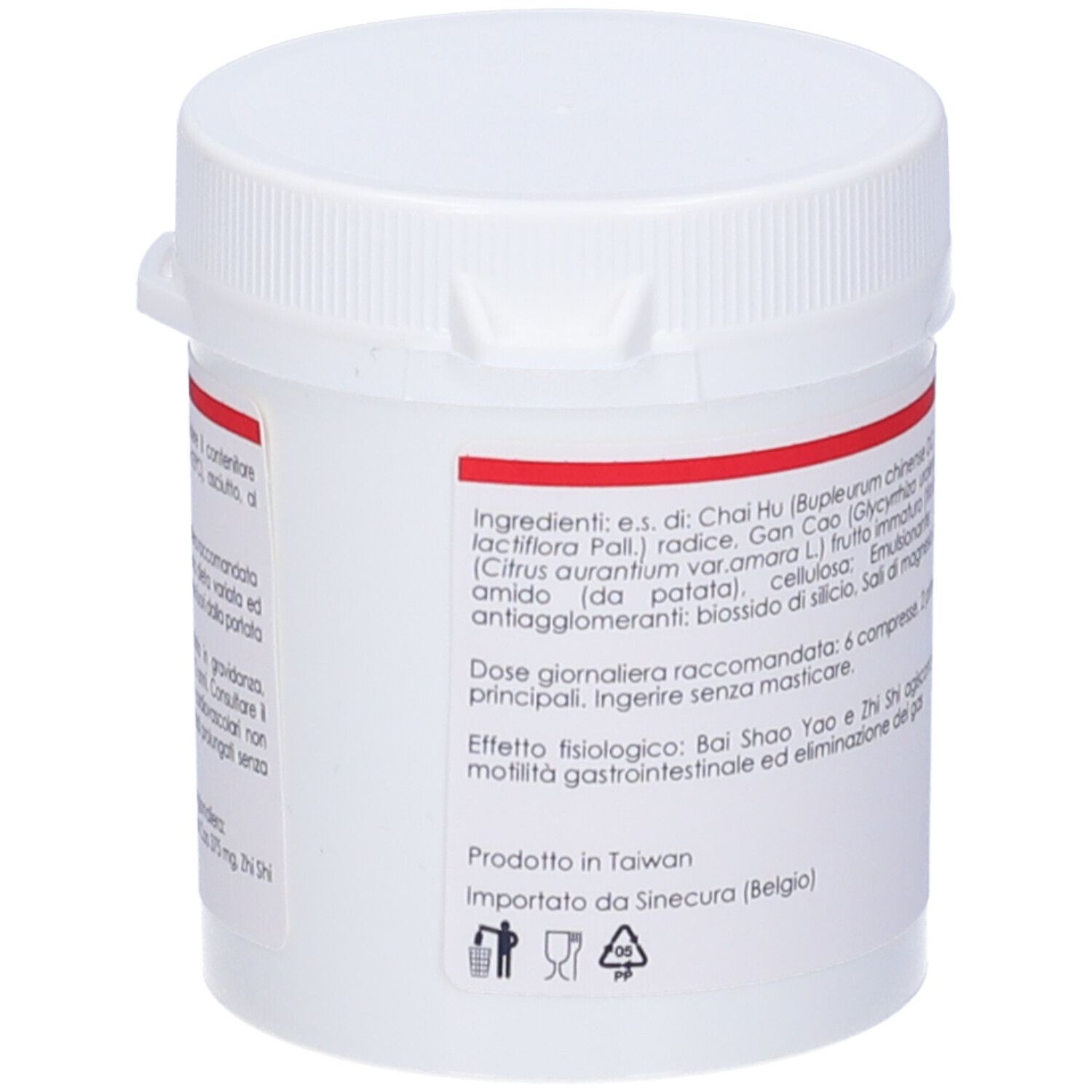 Flacone di compresse bianco con etichetta rossa. Scritta: QIU TIAN, SI NI SAN Traditional. Dosaggio.