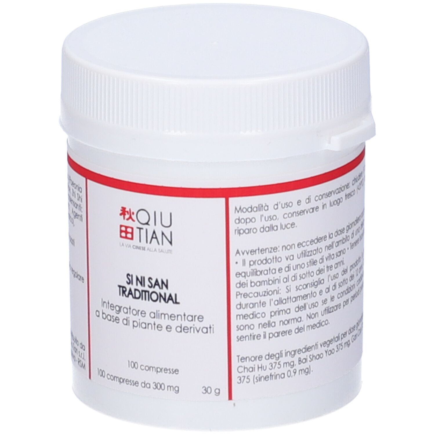 Flacone di compresse bianco con etichetta rossa. Scritta: QIU TIAN, SI NI SAN Traditional. 100 compresse.