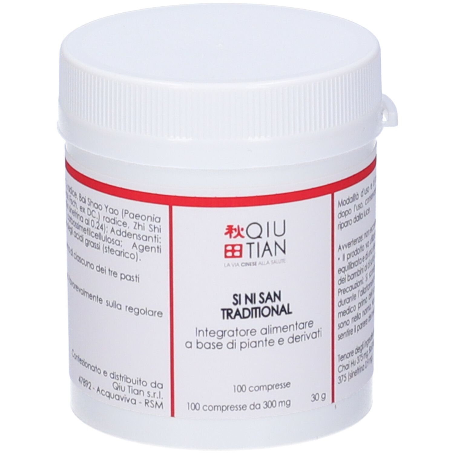 Flacone di compresse bianco con etichetta rossa. Scritta: QIU TIAN, SI NI SAN Traditional. 100 compresse.