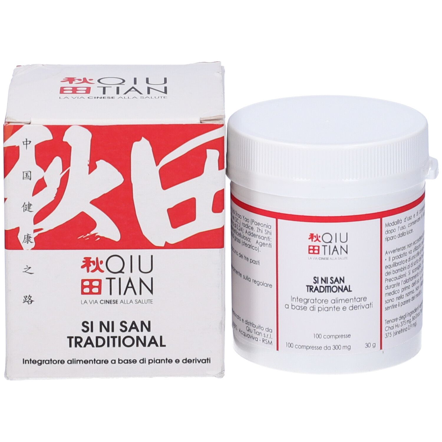 Flacone di compresse bianco e scatola. Scritta: QIU TIAN, SI NI SAN Traditional. 100 compresse.