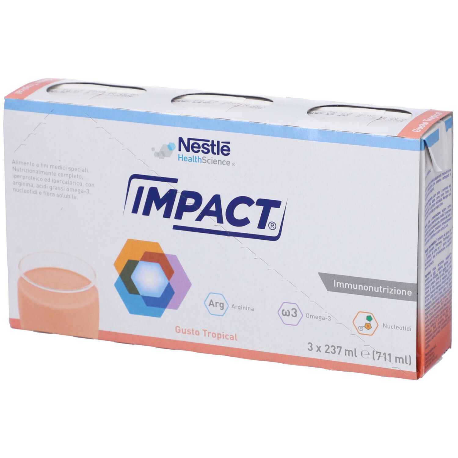 Scatola Nestlé Impact. Scritto: Impact, Gusto Tropical, 3x237ml. Immagine bevanda. Immunonutrizione.