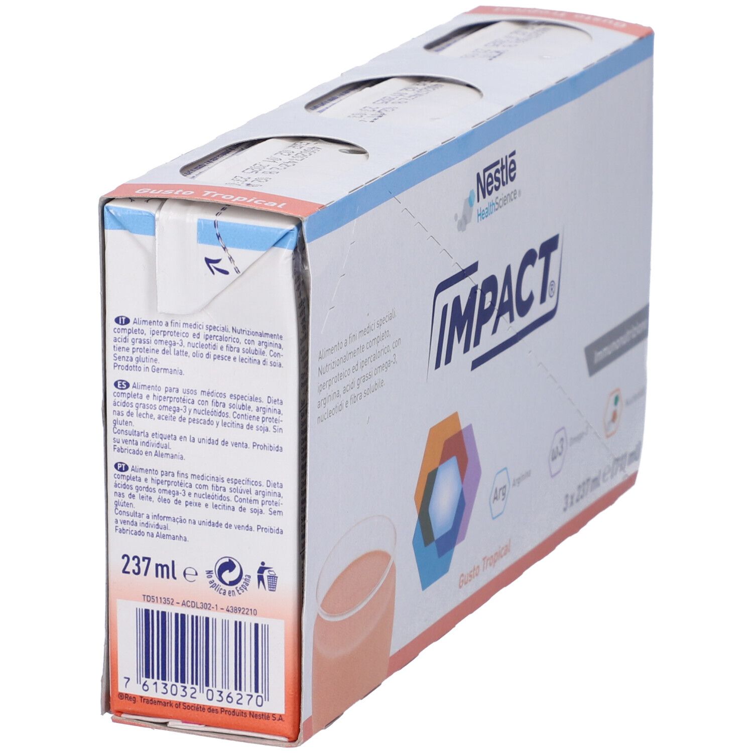 Lato scatola Nestlé Impact. Testo. Scritto: Impact, Gusto Tropical, 237ml. Codice a barre. Immunonutrizione.
