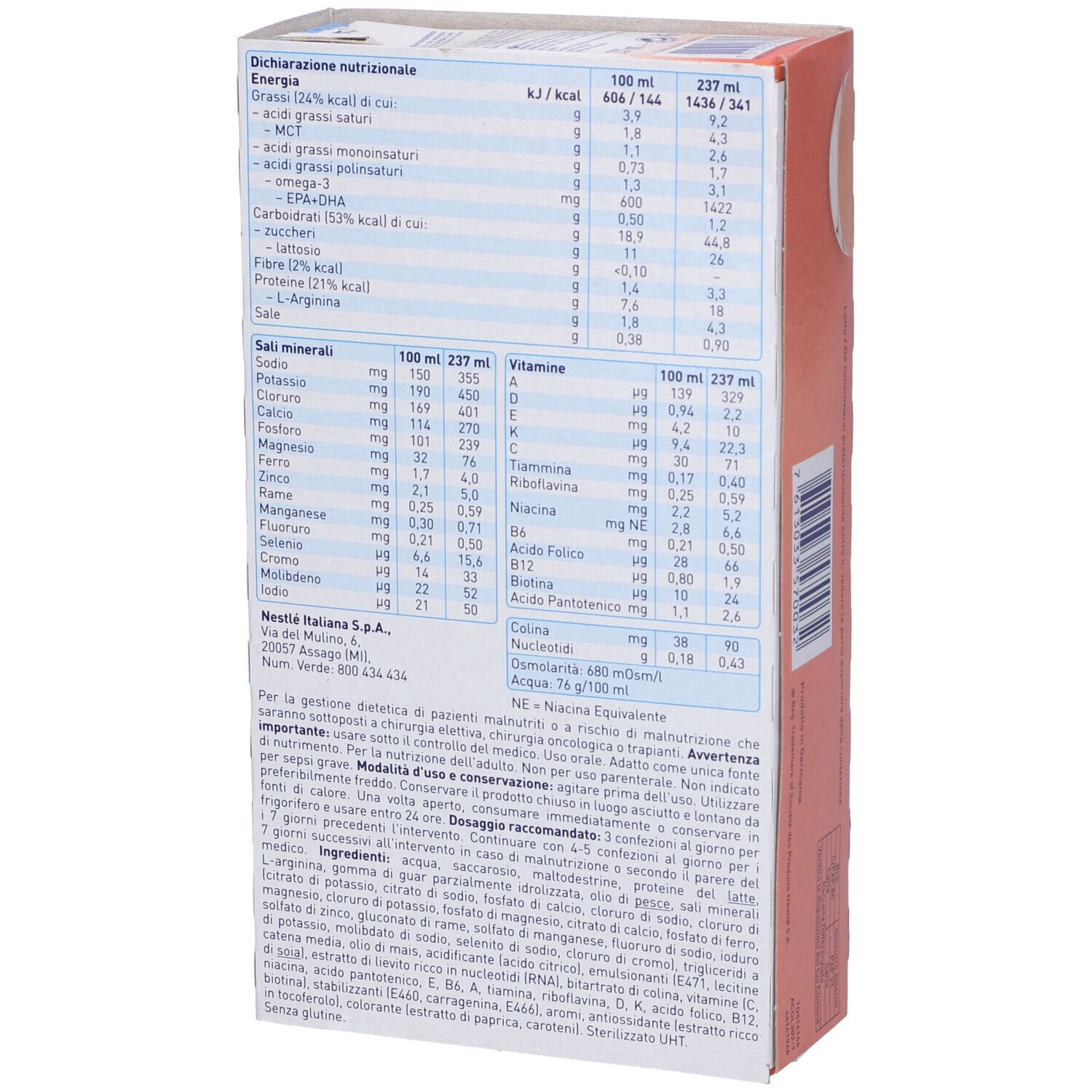 Retro scatola Nestlé Impact. Informazioni nutrizionali, elenco ingredienti. Testo in italiano.