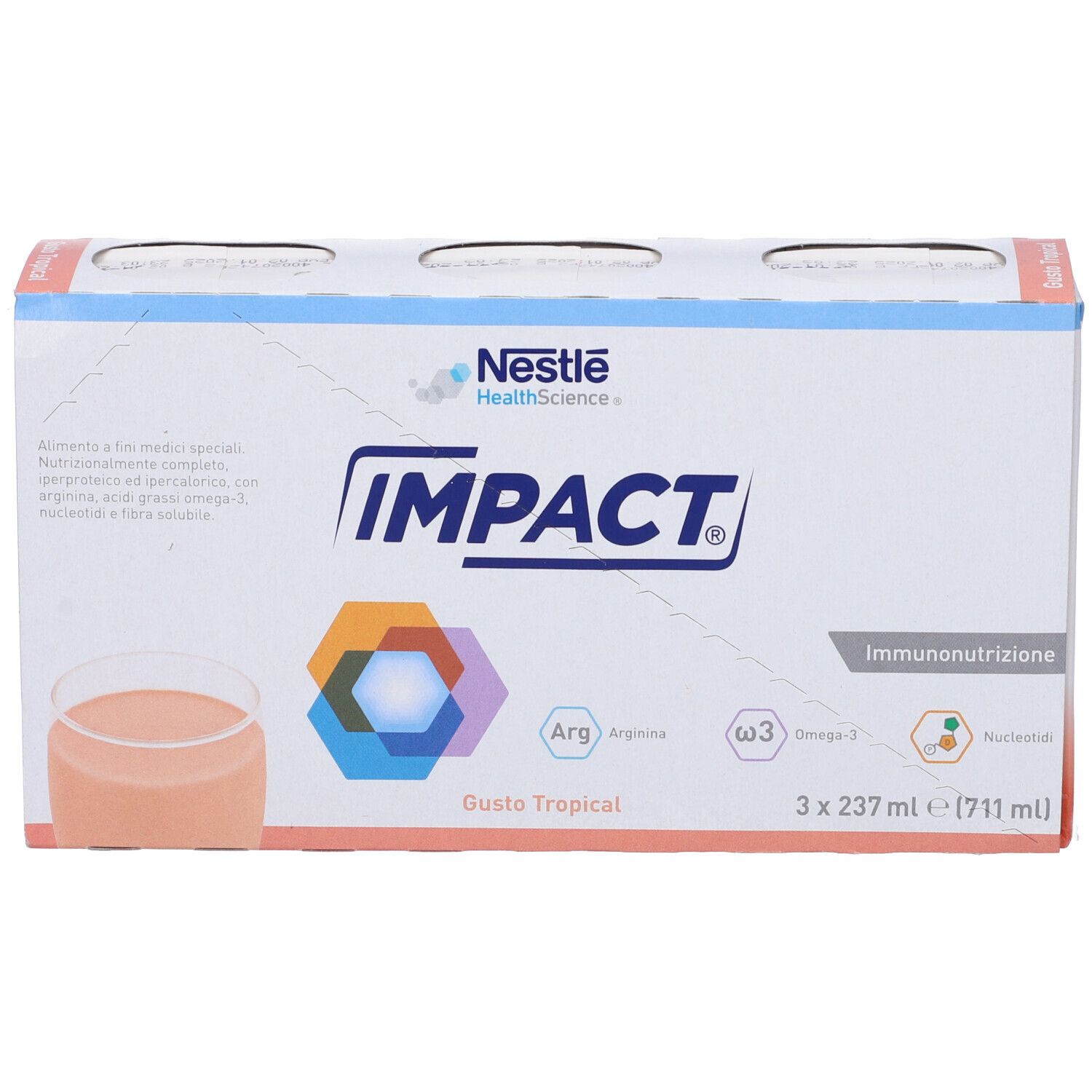 Scatola Nestlé Impact. Scritto: Impact, Gusto Tropical, 3x237ml. Immagine bevanda. Immunonutrizione.