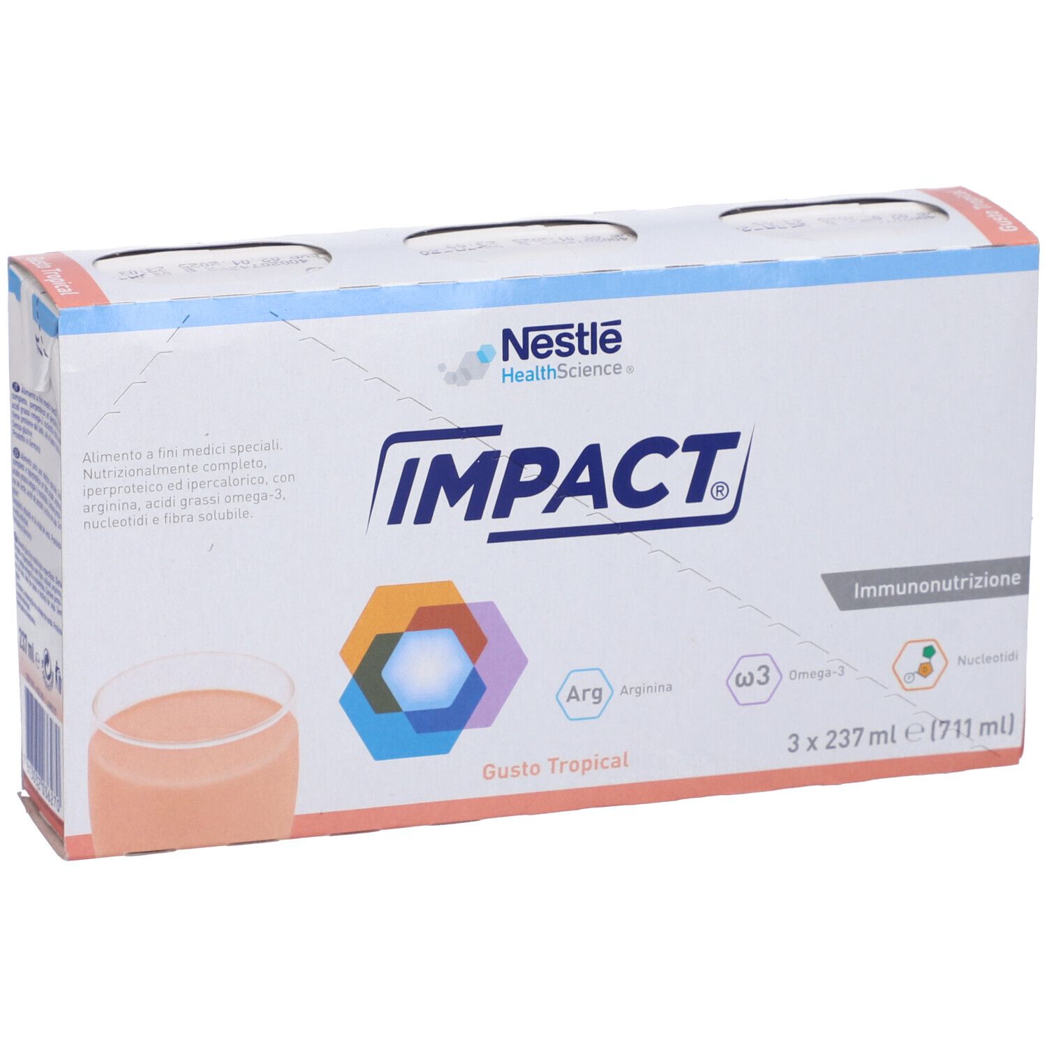 Scatola Nestlé Impact. Scritto: Impact, Gusto Tropical, 3x237ml. Immagine bevanda. Immunonutrizione.