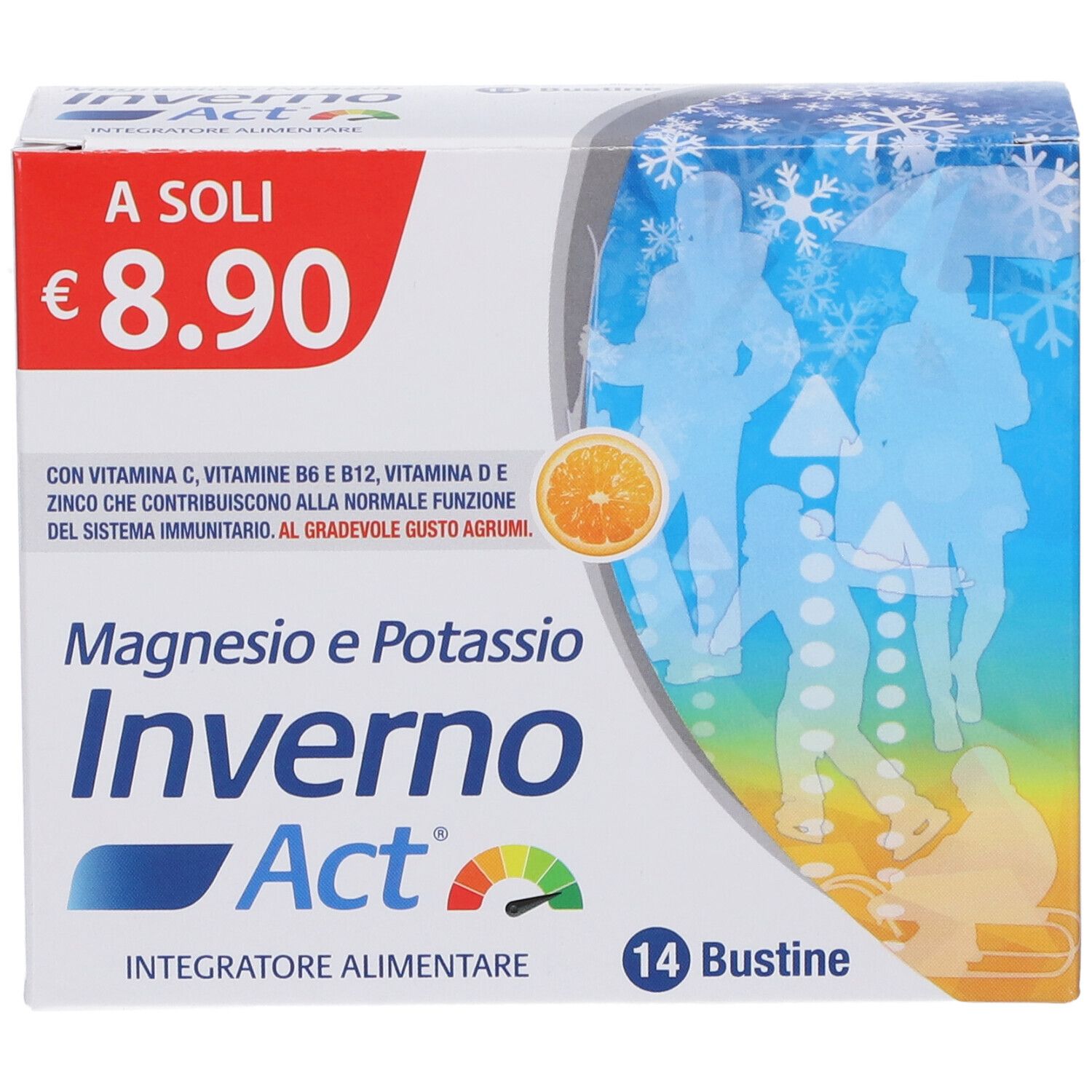 Verpackung von "Inverno Act" Magnesium und Kalium, 14 Beutel, mit Vitaminen und Zink.