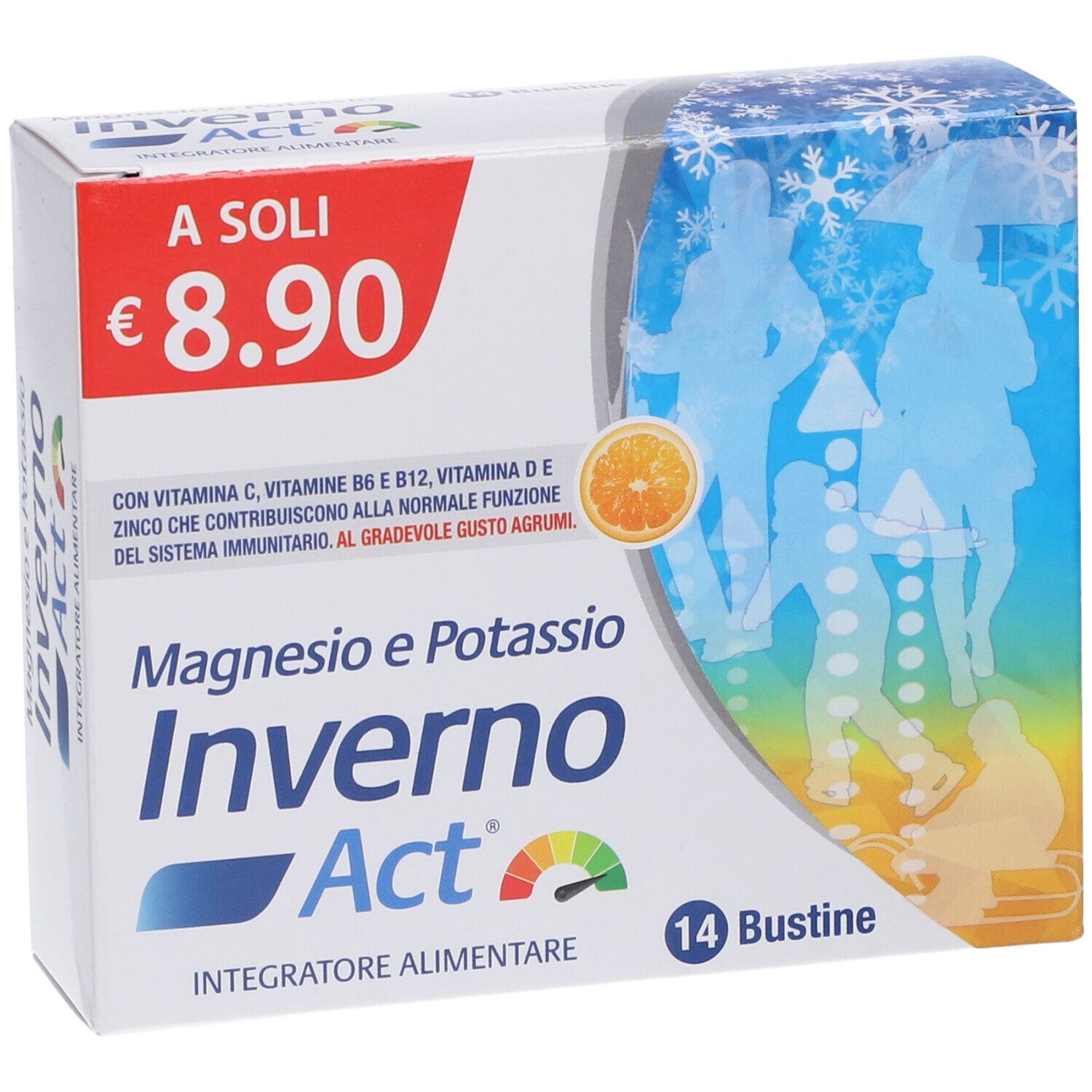 Packung "Inverno Act" mit 14 Beuteln, Magnesium und Kalium. Enthält Vitamine C, B6, B12, D, E und Zink.