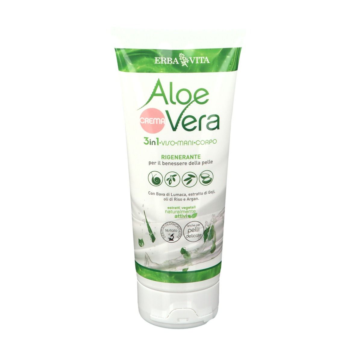 Aloe Vera Creme Tube. Aufschrift: Creme 3 in 1, für Gesicht, Hände und Körper. Mit Inhaltsstoffen wie Lumaca und Argan.