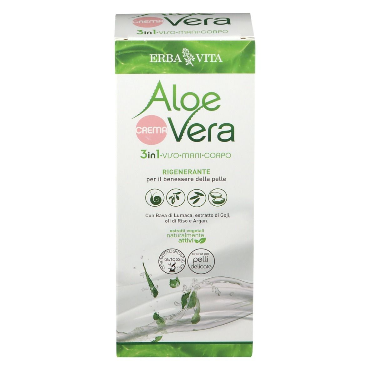 Schachtel. Aufschrift: Aloe Vera Creme 3 in 1. Für Gesicht, Hände und Körper. Mit Inhaltsstoffen wie Lumaca und Argan.
