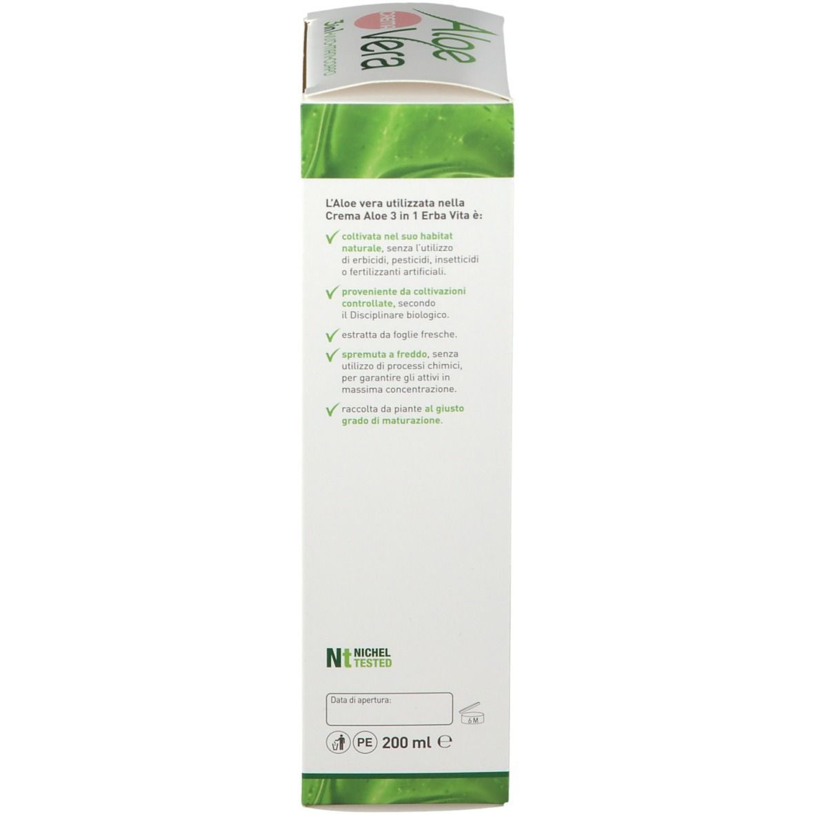 Schachtel. Text: Aloe Vera Creme 3 in 1. Informationen über die Inhaltsstoffe und die Verwendung von Aloe Vera.