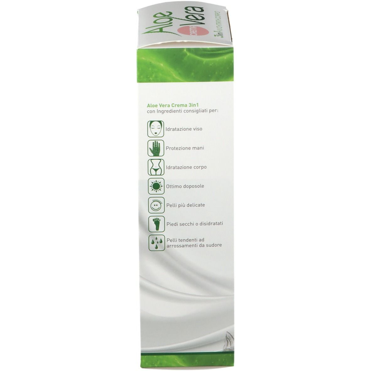 Schachtel. Text: Aloe Vera Creme 3 in 1. Vorteile für die Haut: Feuchtigkeit, Schutz, etc.