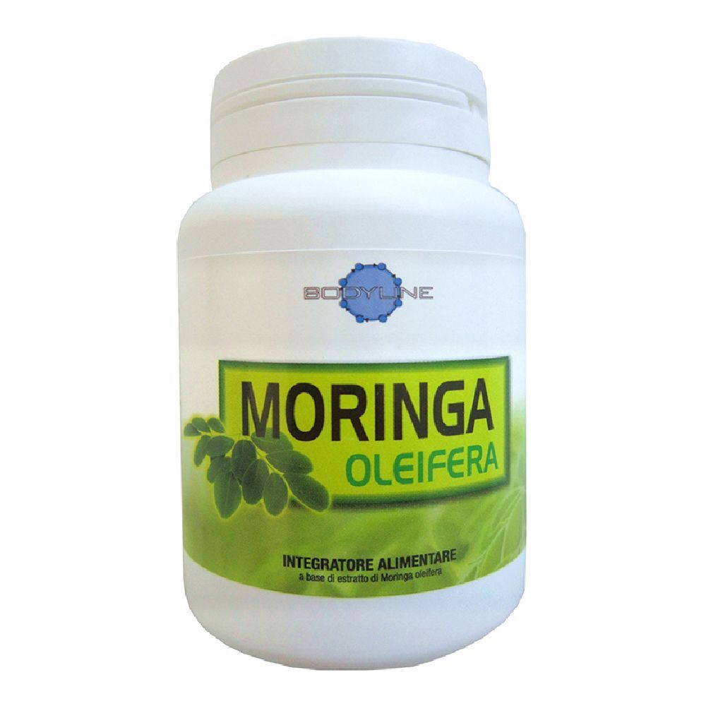 Flacone bianco con etichetta verde. Scritta: Moringa Oleifera. Integratore Alimentare.