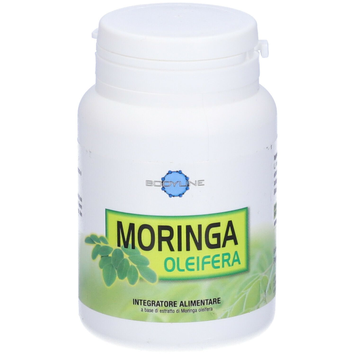 Flacone bianco con etichetta verde. Scritta: Moringa Oleifera. Integratore Alimentare.