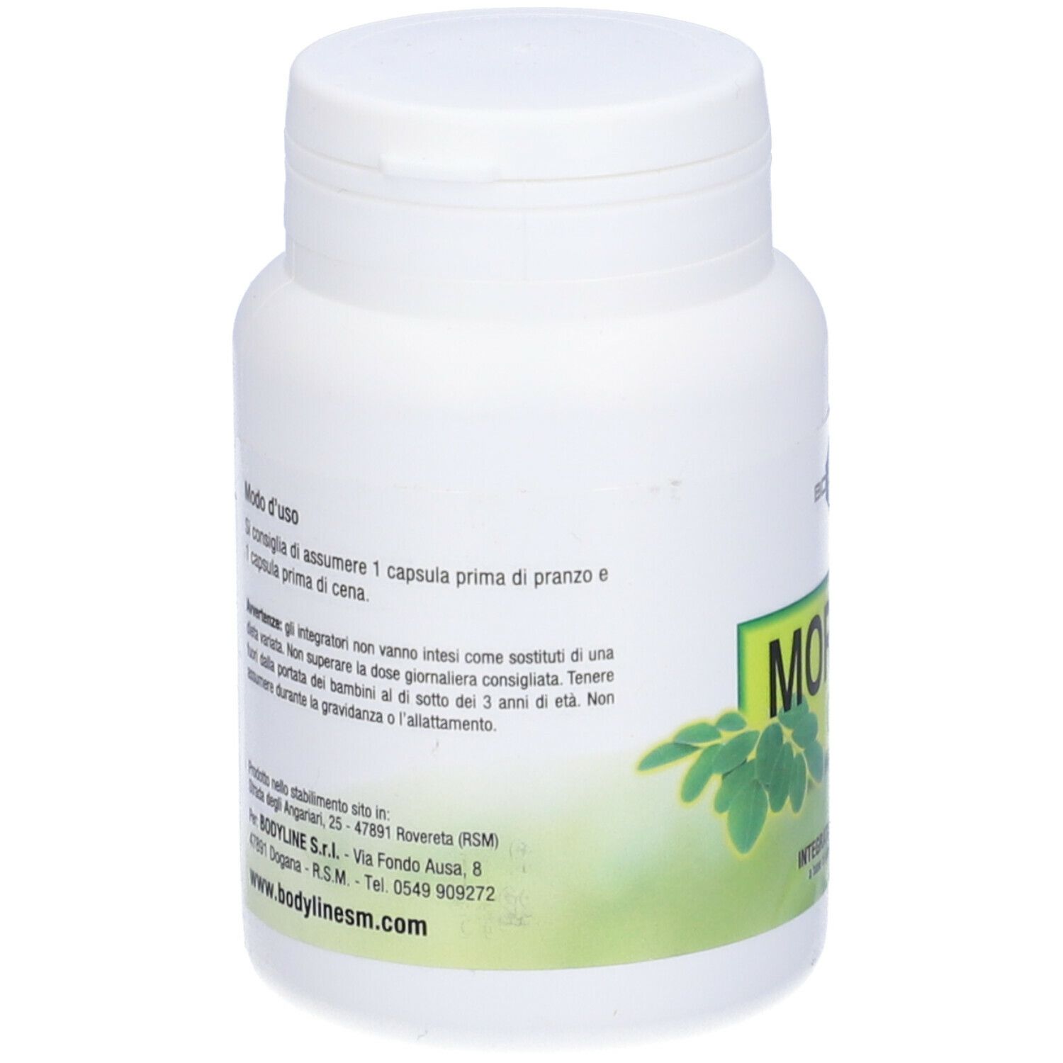 Flacone bianco, retro con testo. Scritta: Modo d'uso. Avvertenze. Informazioni sugli ingredienti e il produttore.
