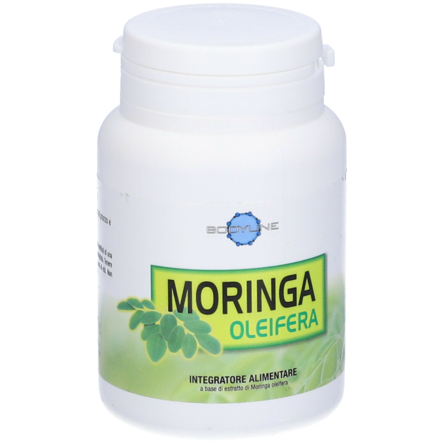 Flacone bianco con etichetta verde. Scritta: Moringa Oleifera. Integratore Alimentare.