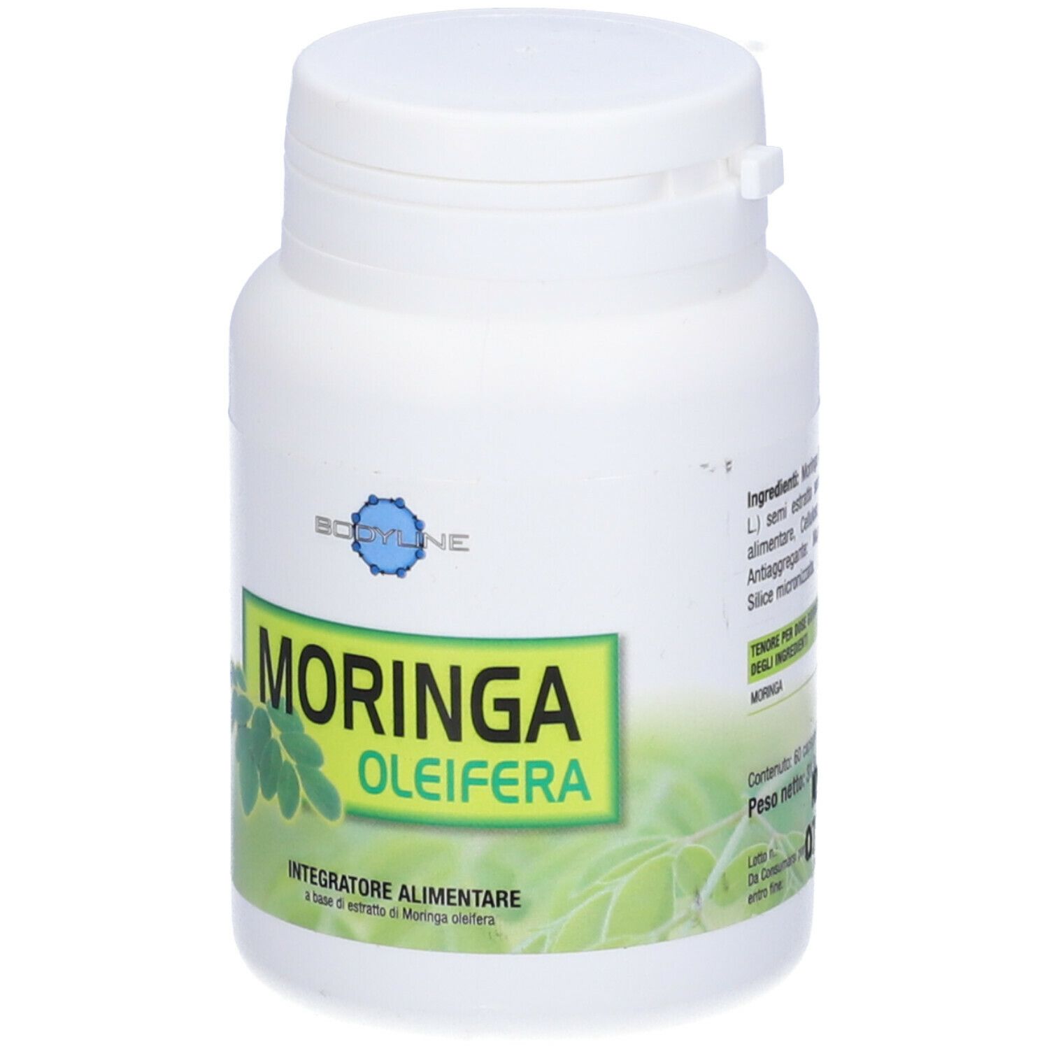 Flacone bianco con etichetta verde. Scritta: Moringa Oleifera. Integratore Alimentare.