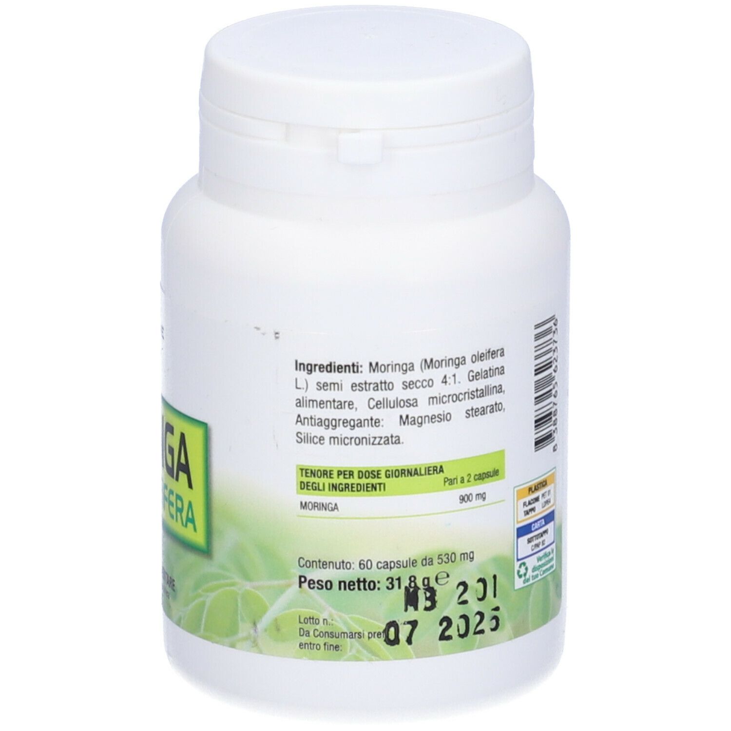 Flacone bianco, retro con testo. Scritta: Ingredienti, contenuto, peso, scadenza.