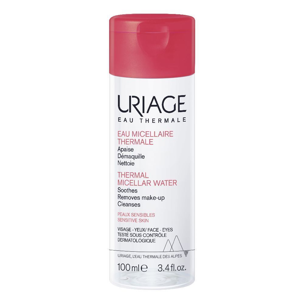 Uriage Acqua Micellare Termale. Flacone trasparente, tappo rosso. Scritte bianche e rosse. Per pelli sensibili.