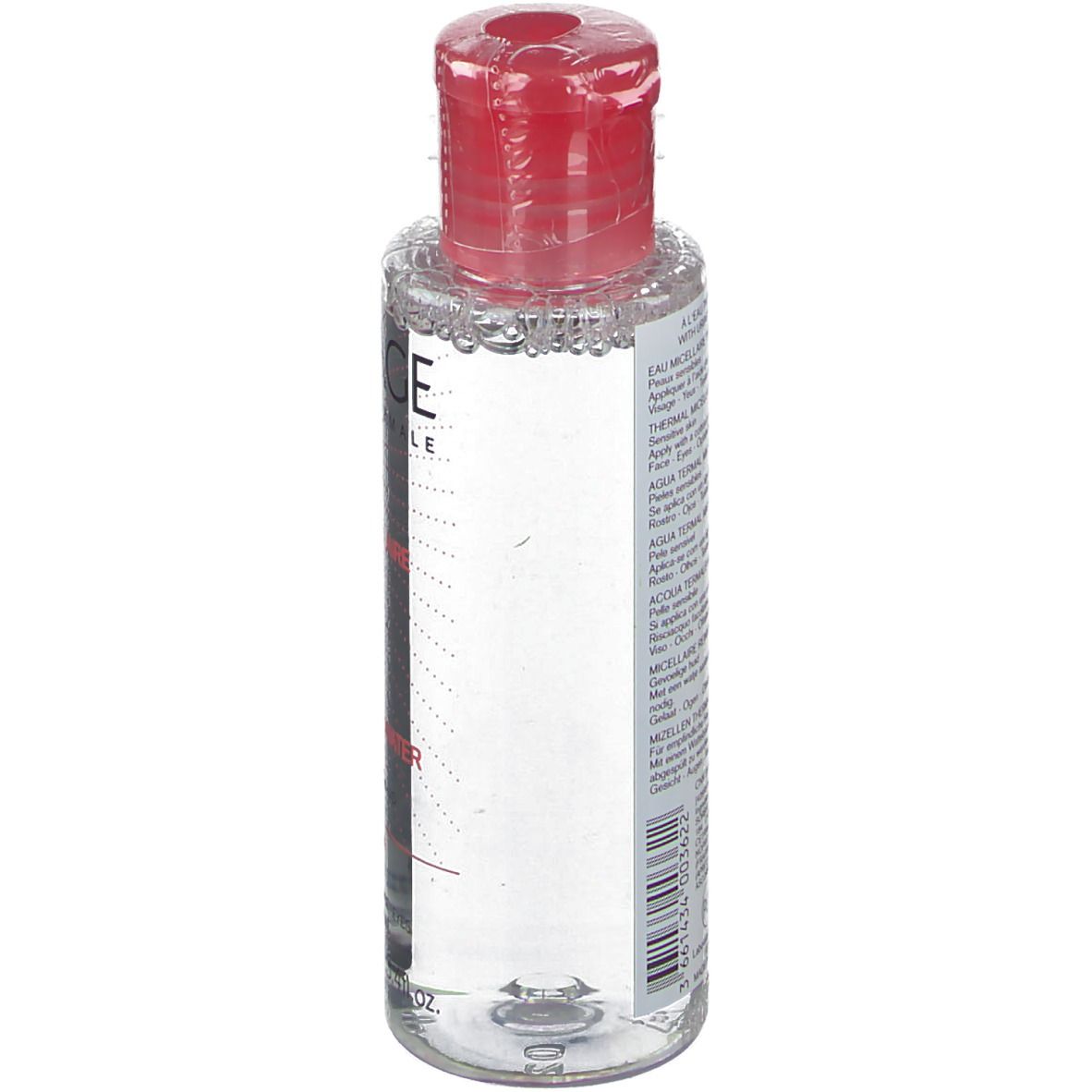 Uriage Acqua Micellare Termale. Flacone trasparente, tappo rosso. Scritte bianche e rosse. Per pelli sensibili.