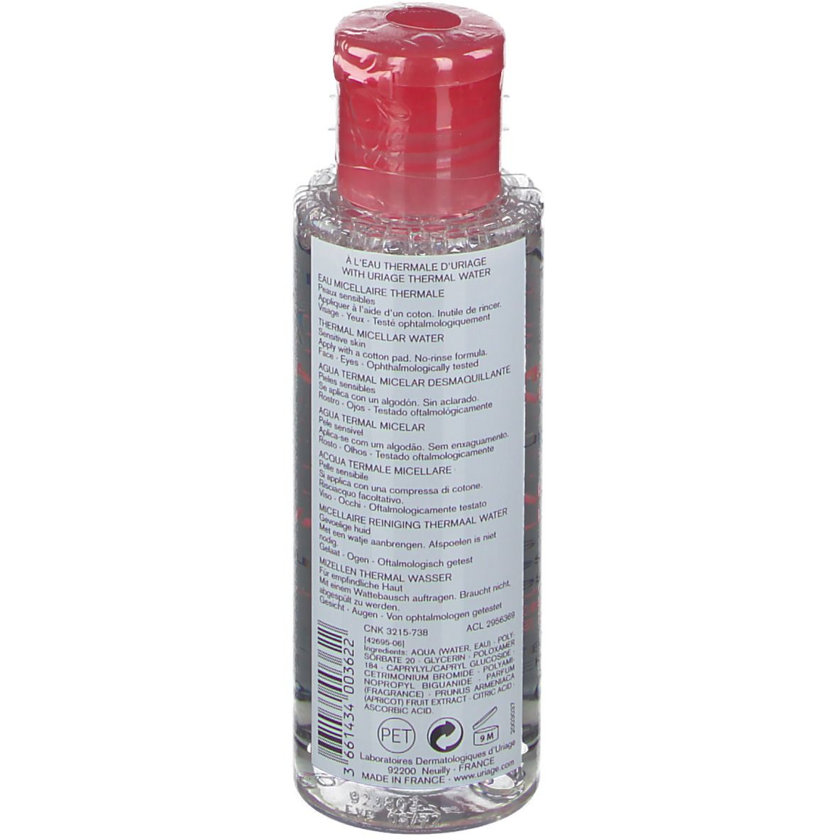 Uriage Acqua Micellare Termale. Flacone trasparente, tappo rosso. Scritte bianche e rosse. Per pelli sensibili.