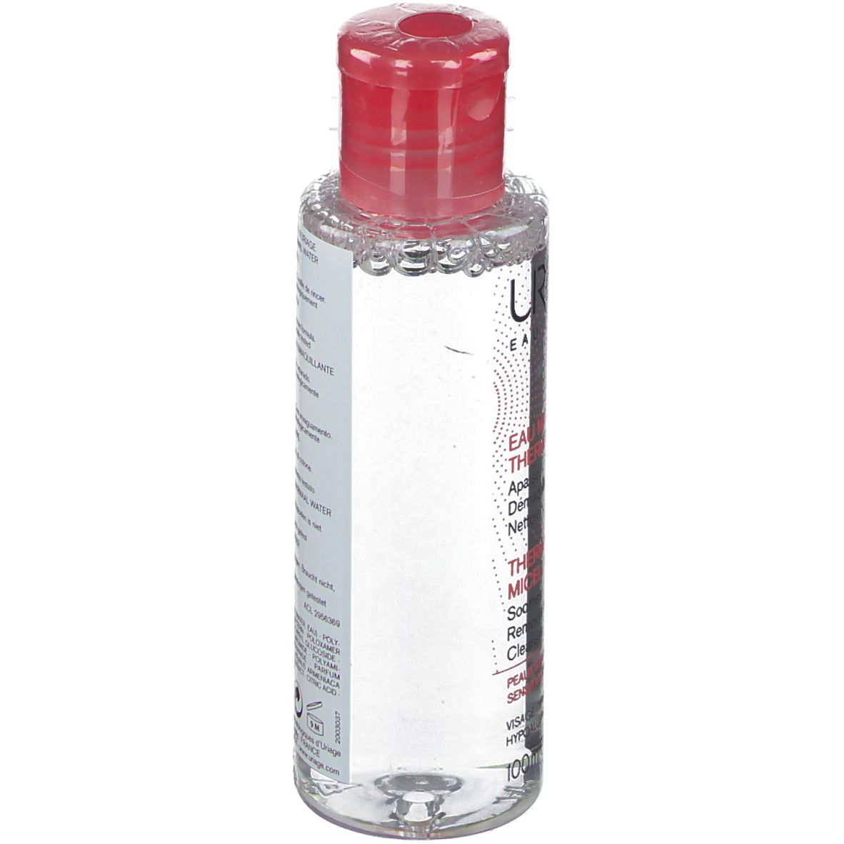 Uriage Acqua Micellare Termale. Flacone trasparente, tappo rosso. Scritte bianche e rosse. Per pelli sensibili.