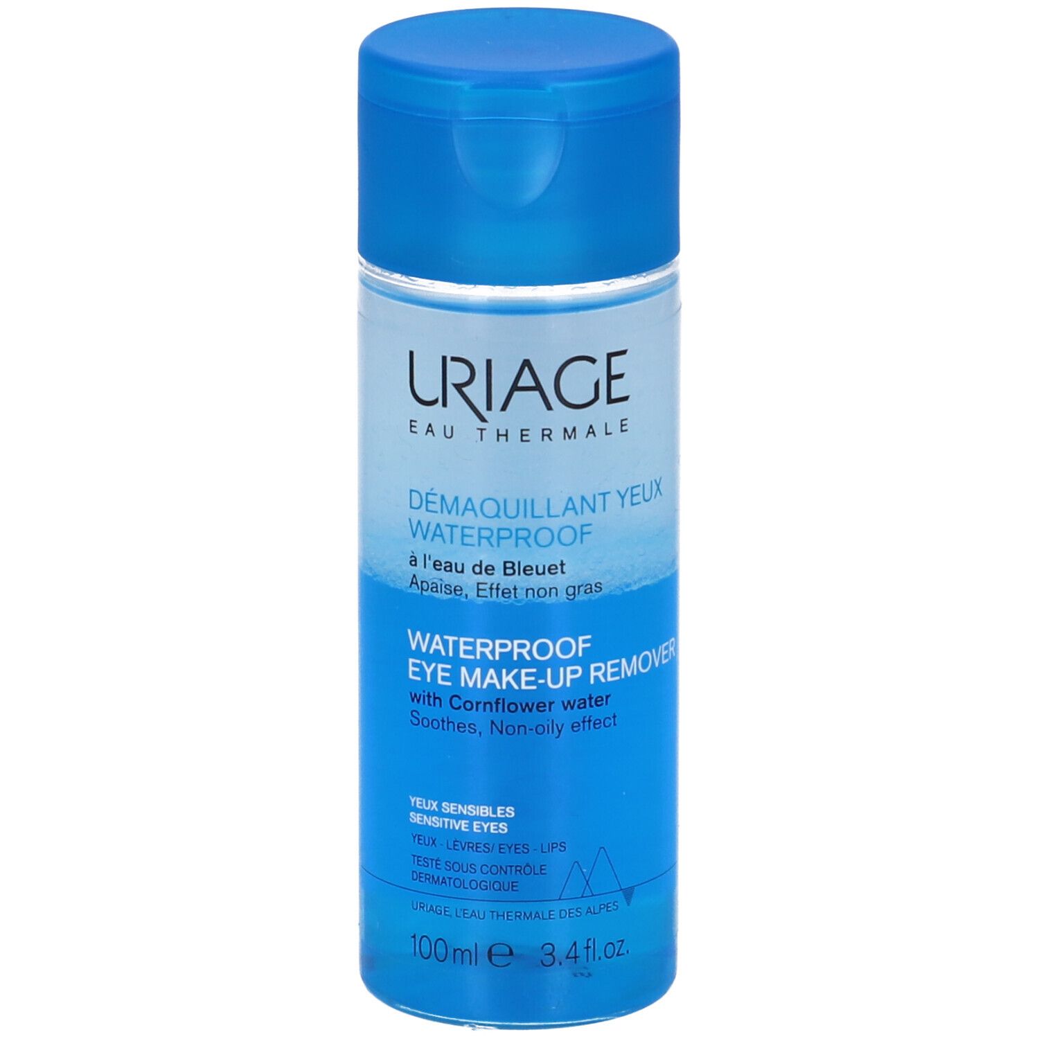 Uriage Augen-Make-up-Entferner, wasserfest. Blaue Flasche mit blauem Deckel. Text: Uriage, Démaquillant Yeux Waterproof.